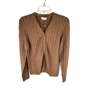 Goyo Brown Camel Wool Cable Knit V-Neck Cardigan Sweater Made in Mongolia NEW